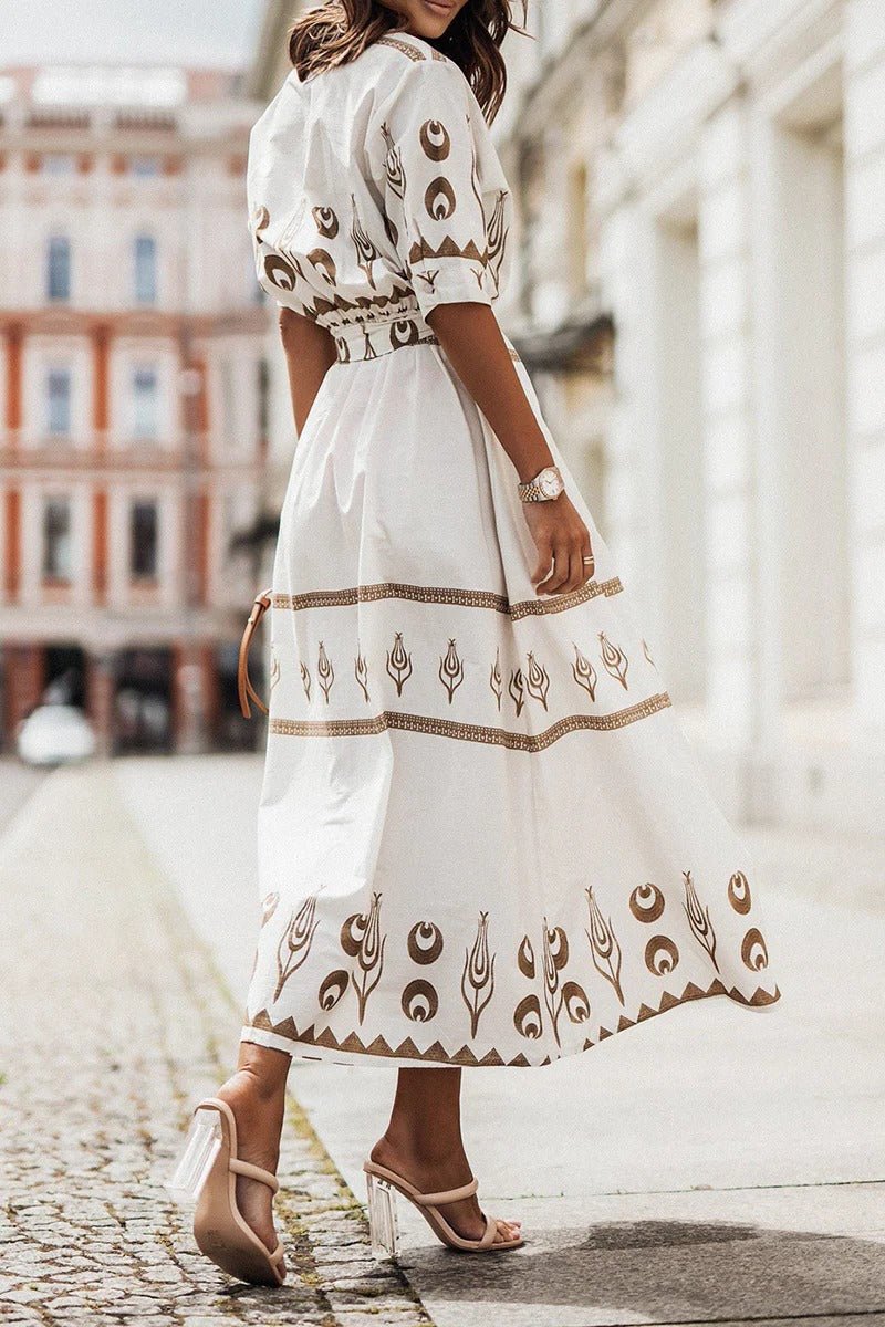 Elegant Embroidered Midi Dress for Women with V Neck Short Sleeve Belted Formal Style