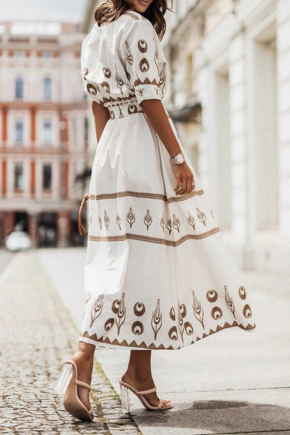 Elegant Embroidered Midi Dress for Women with V Neck Short Sleeve Belted Formal Style