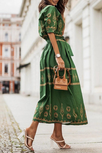 Elegant Embroidered Midi Dress for Women with V Neck Short Sleeve Belted Formal Style