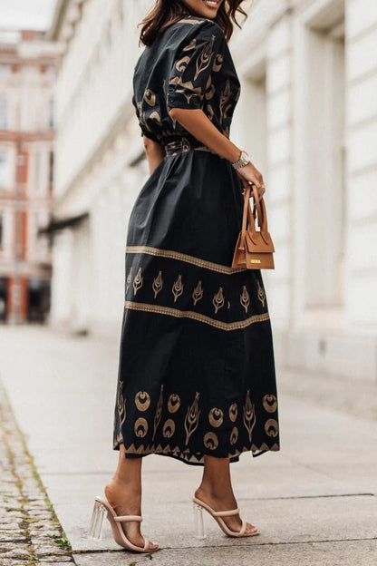 Elegant Embroidered Midi Dress for Women with V Neck Short Sleeve Belted Formal Style