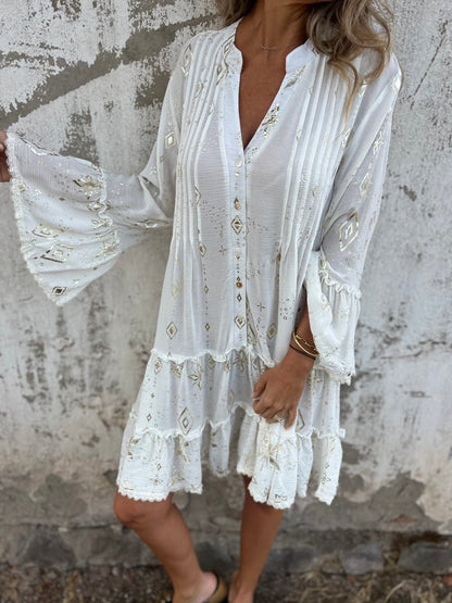 Effortless Lace Mini Dress for Women with V Neck Bell Sleeve Tiered Ruffle Hem