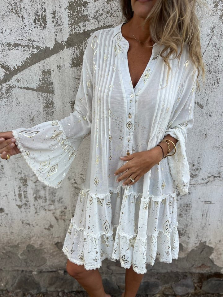 Effortless Lace Mini Dress for Women with V Neck Bell Sleeve Tiered Ruffle Hem