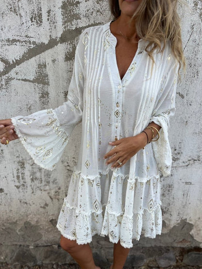 Effortless Lace Mini Dress for Women with V Neck Bell Sleeve Tiered Ruffle Hem