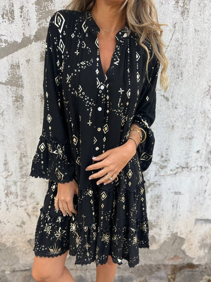 Effortless Lace Mini Dress for Women with V Neck Bell Sleeve Tiered Ruffle Hem