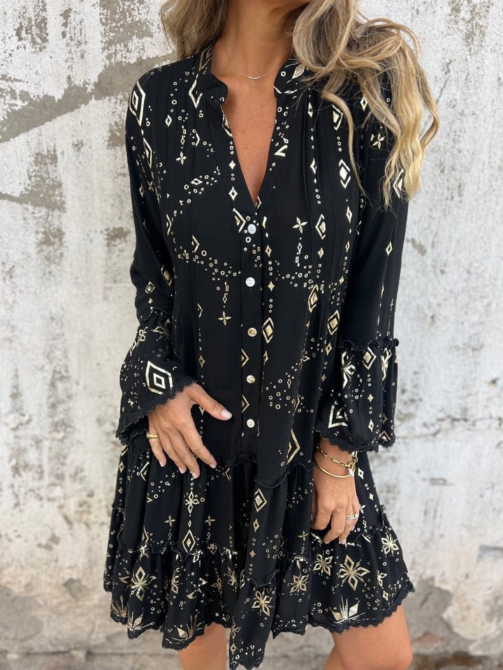 Effortless Lace Mini Dress for Women with V Neck Bell Sleeve Tiered Ruffle Hem