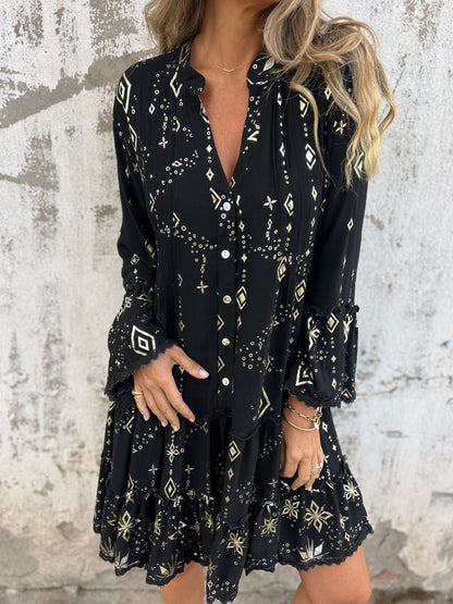 Effortless Lace Mini Dress for Women with V Neck Bell Sleeve Tiered Ruffle Hem