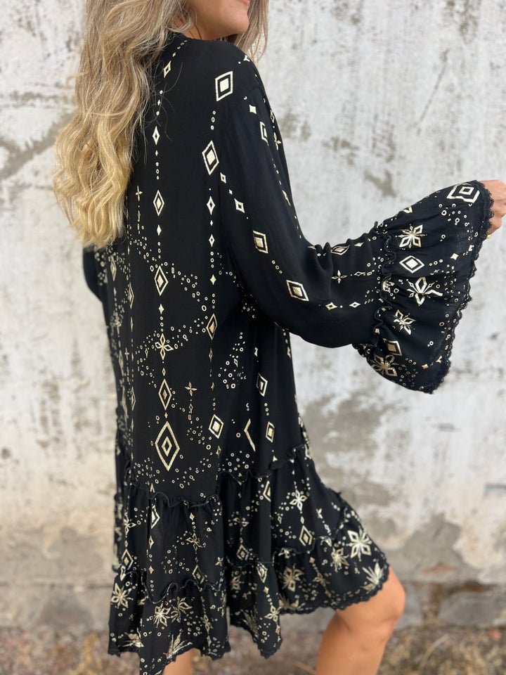 Effortless Lace Mini Dress for Women with V Neck Bell Sleeve Tiered Ruffle Hem