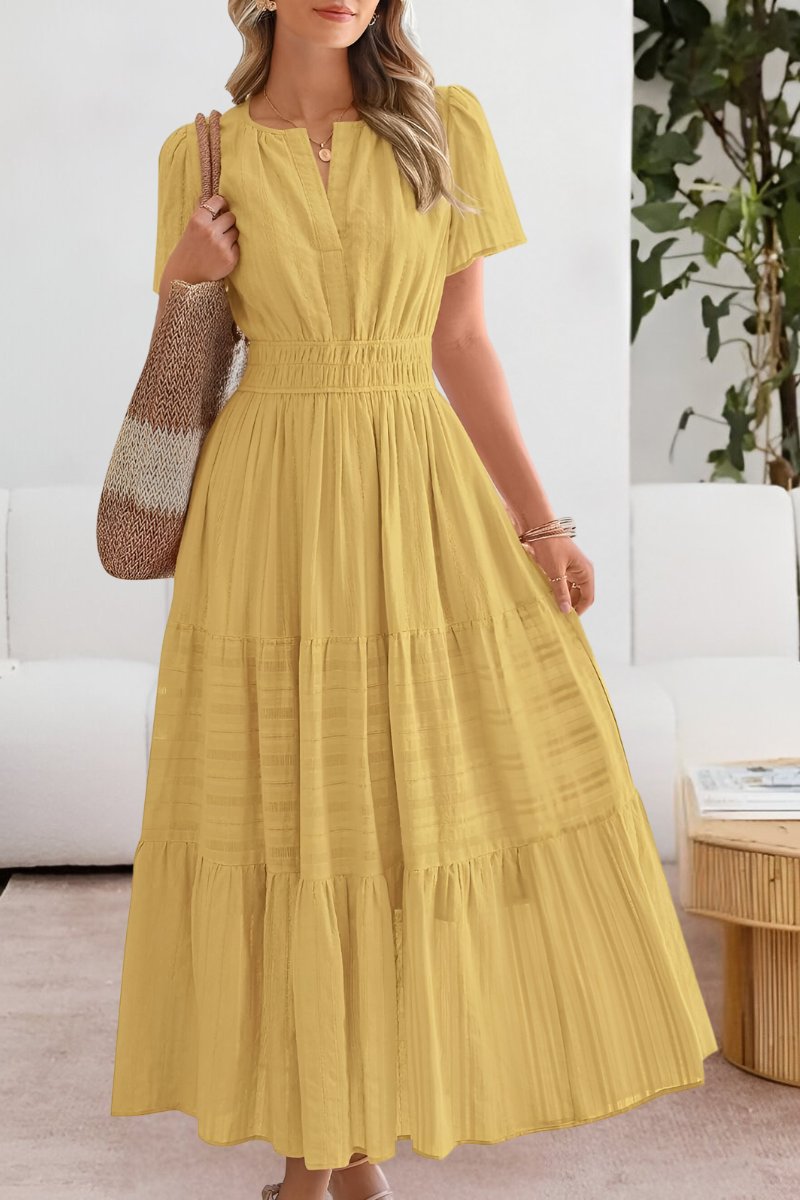 Elegant Wedding Guest Dress for Women with V Neck Short Sleeve Pleated Maxi Formal Style