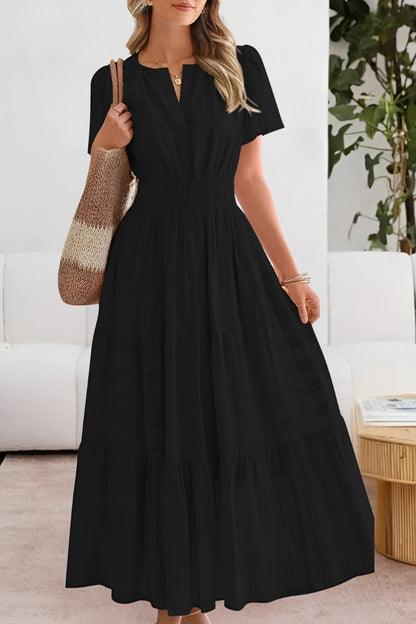 Elegant Wedding Guest Dress for Women with V Neck Short Sleeve Pleated Maxi Formal Style