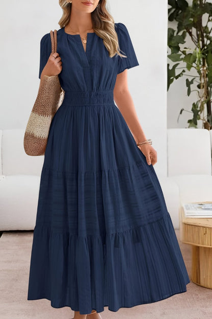 Elegant Wedding Guest Dress for Women with V Neck Short Sleeve Pleated Maxi Formal Style