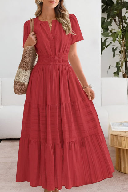 Elegant Wedding Guest Dress for Women with V Neck Short Sleeve Pleated Maxi Formal Style