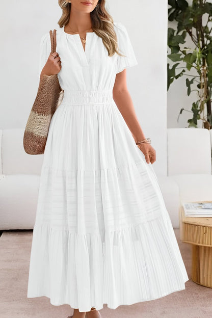 Elegant Wedding Guest Dress for Women with V Neck Short Sleeve Pleated Maxi Formal Style