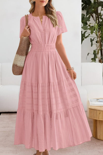 Elegant Wedding Guest Dress for Women with V Neck Short Sleeve Pleated Maxi Formal Style