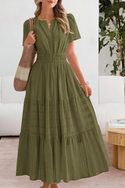 Elegant Wedding Guest Dress for Women with V Neck Short Sleeve Pleated Maxi Formal Style