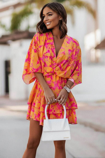 Effortless Mini Dress for Women with Tiered Skirt Batwing Sleeve Boho Cocktail Style