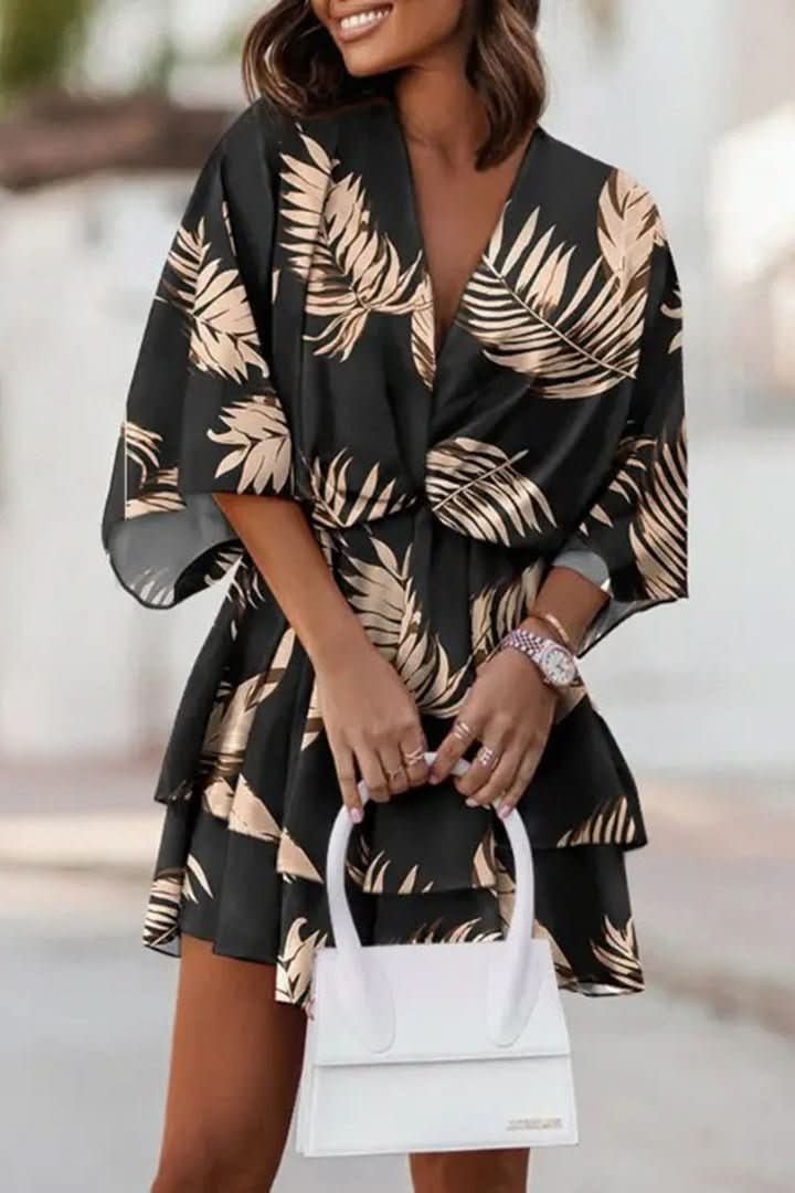 Effortless Mini Dress for Women with Tiered Skirt Batwing Sleeve Boho Cocktail Style