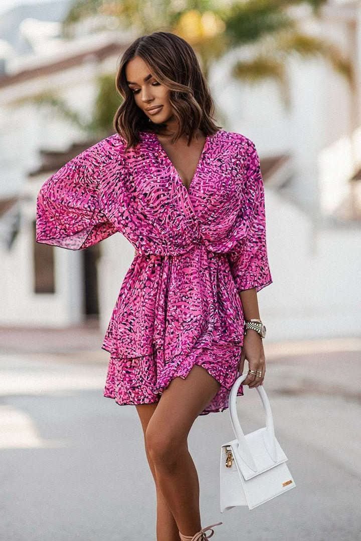 Effortless Mini Dress for Women with Tiered Skirt Batwing Sleeve Boho Cocktail Style