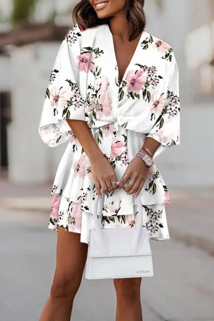 Effortless Mini Dress for Women with Tiered Skirt Batwing Sleeve Boho Cocktail Style
