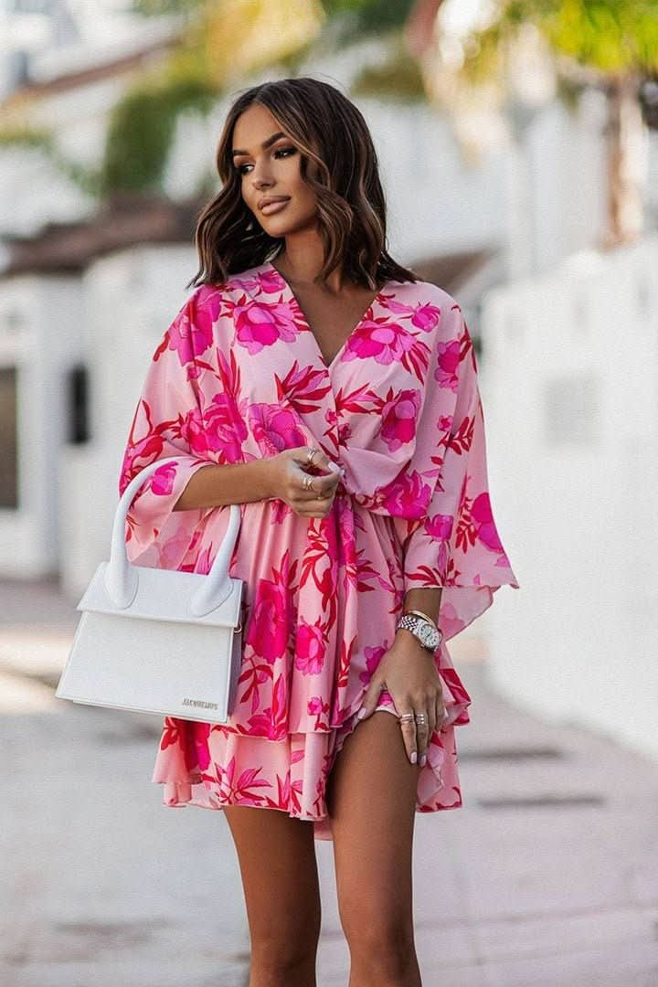 Effortless Mini Dress for Women with Tiered Skirt Batwing Sleeve Boho Cocktail Style