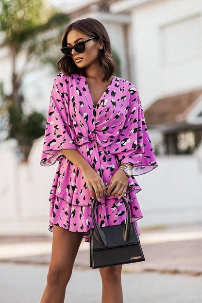 Effortless Mini Dress for Women with Tiered Skirt Batwing Sleeve Boho Cocktail Style
