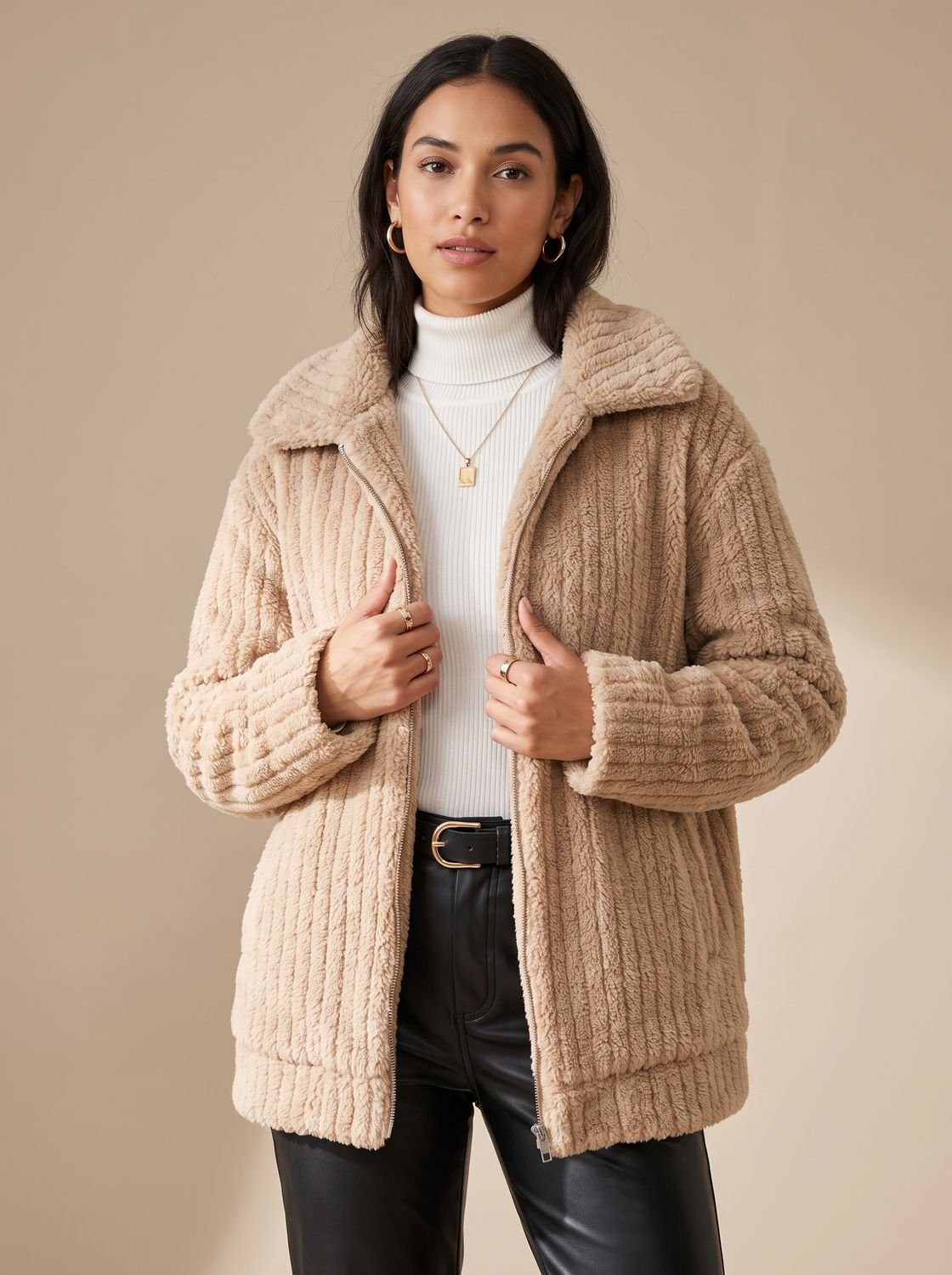 Cozy Beige Sherpa Fleece Jacket for Women with Collar Long Sleeve Button Front Oversized Style