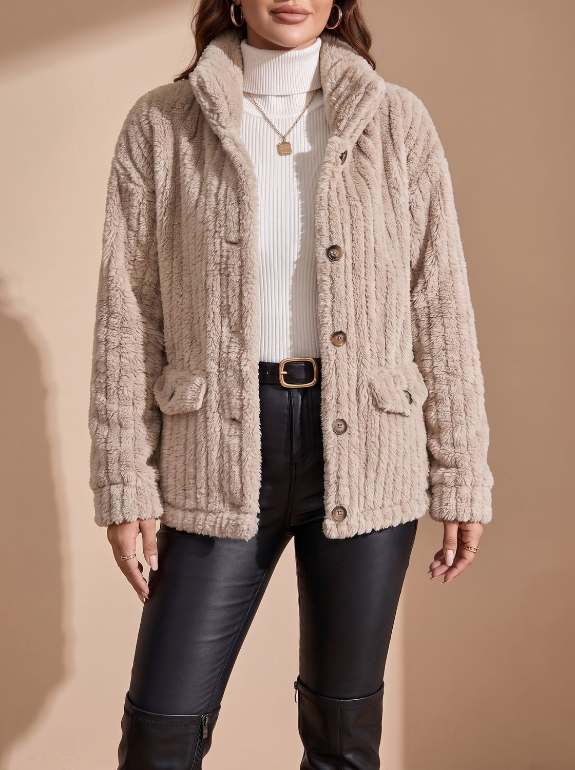 Cozy Beige Sherpa Fleece Jacket for Women with Collar Long Sleeve Button Front Oversized Style