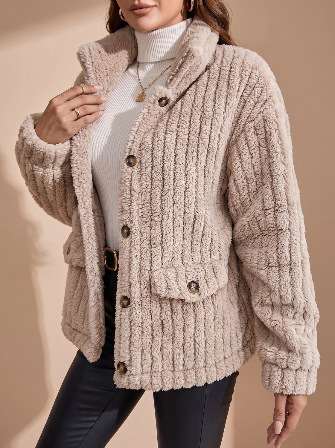 Cozy Beige Sherpa Fleece Jacket for Women with Collar Long Sleeve Button Front Oversized Style