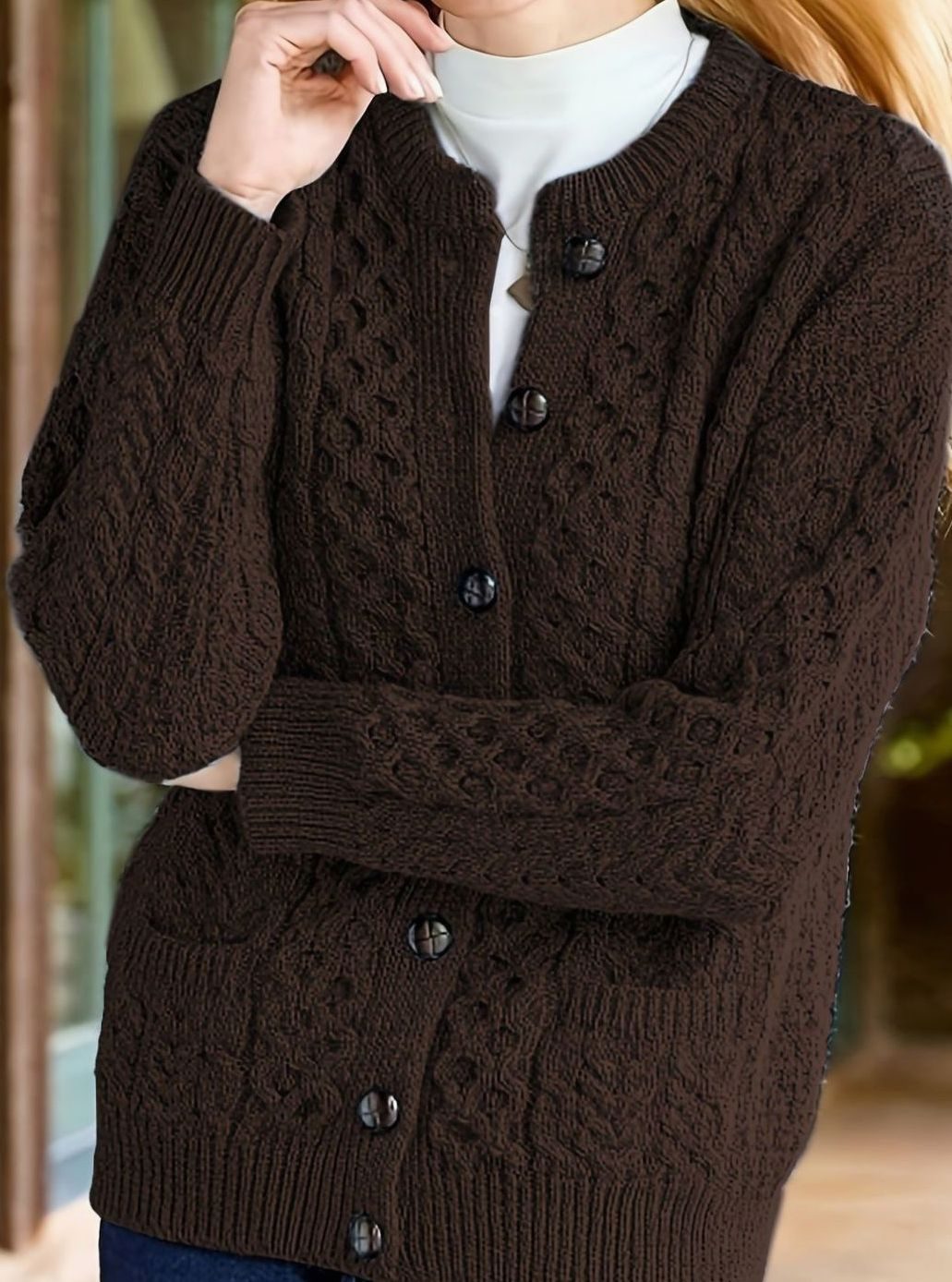 Cozy Chunky Cable Knit Cardigan for Women with Round Neck Long Sleeve Button Front Relaxed Style