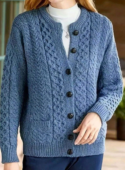 Cozy Chunky Cable Knit Cardigan for Women with Round Neck Long Sleeve Button Front Relaxed Style