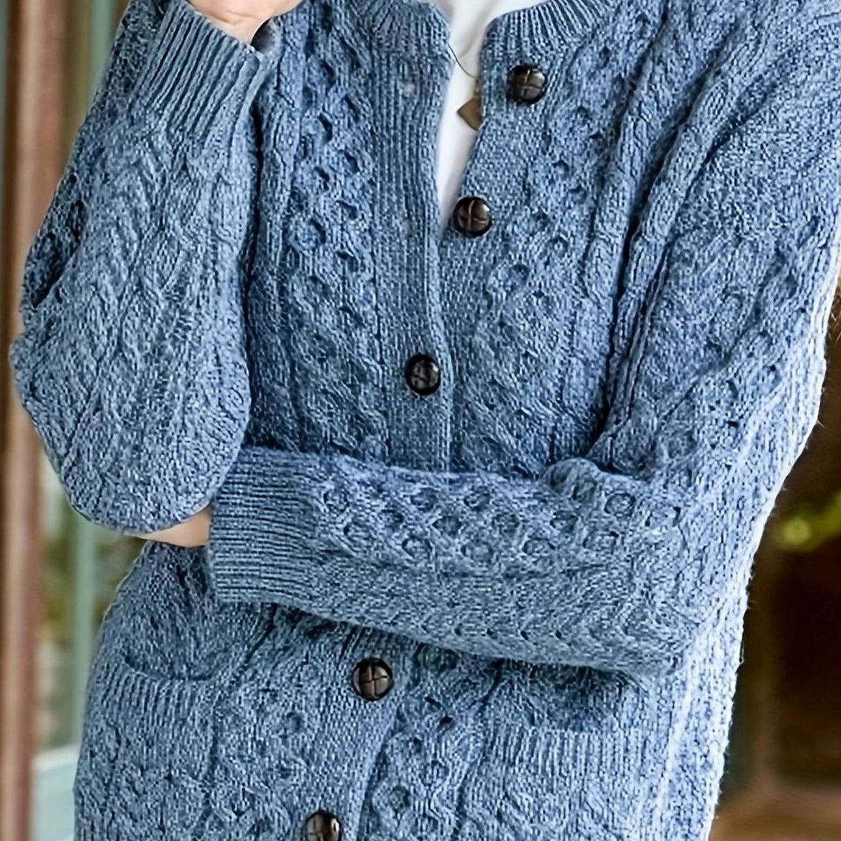 Cozy Chunky Cable Knit Cardigan for Women with Round Neck Long Sleeve Button Front Relaxed Style