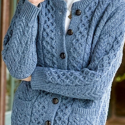 Cozy Chunky Cable Knit Cardigan for Women with Round Neck Long Sleeve Button Front Relaxed Style