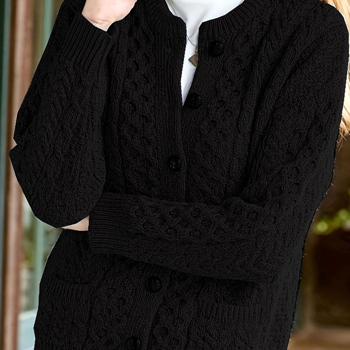 Cozy Chunky Cable Knit Cardigan for Women with Round Neck Long Sleeve Button Front Relaxed Style