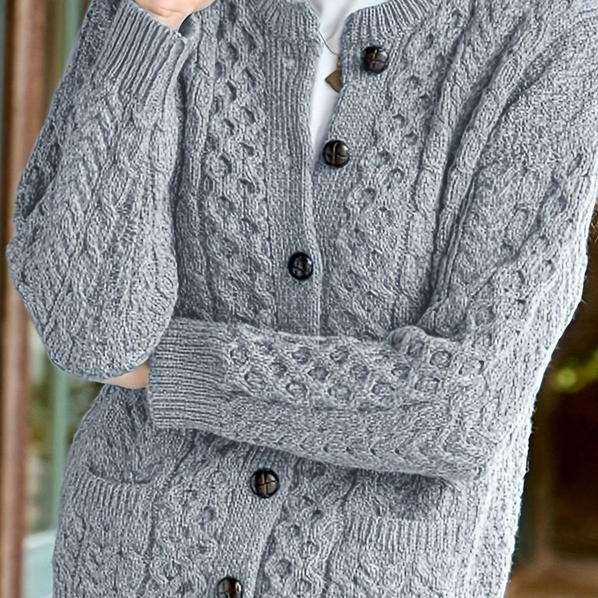 Cozy Chunky Cable Knit Cardigan for Women with Round Neck Long Sleeve Button Front Relaxed Style