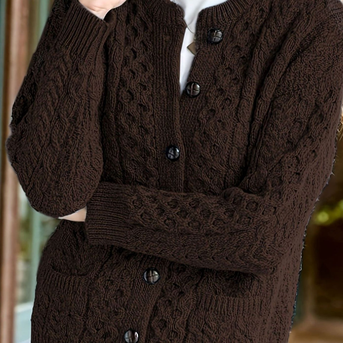 Cozy Chunky Cable Knit Cardigan for Women with Round Neck Long Sleeve Button Front Relaxed Style