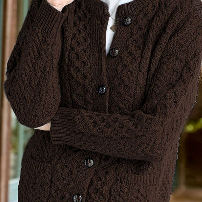 Cozy Chunky Cable Knit Cardigan for Women with Round Neck Long Sleeve Button Front Relaxed Style
