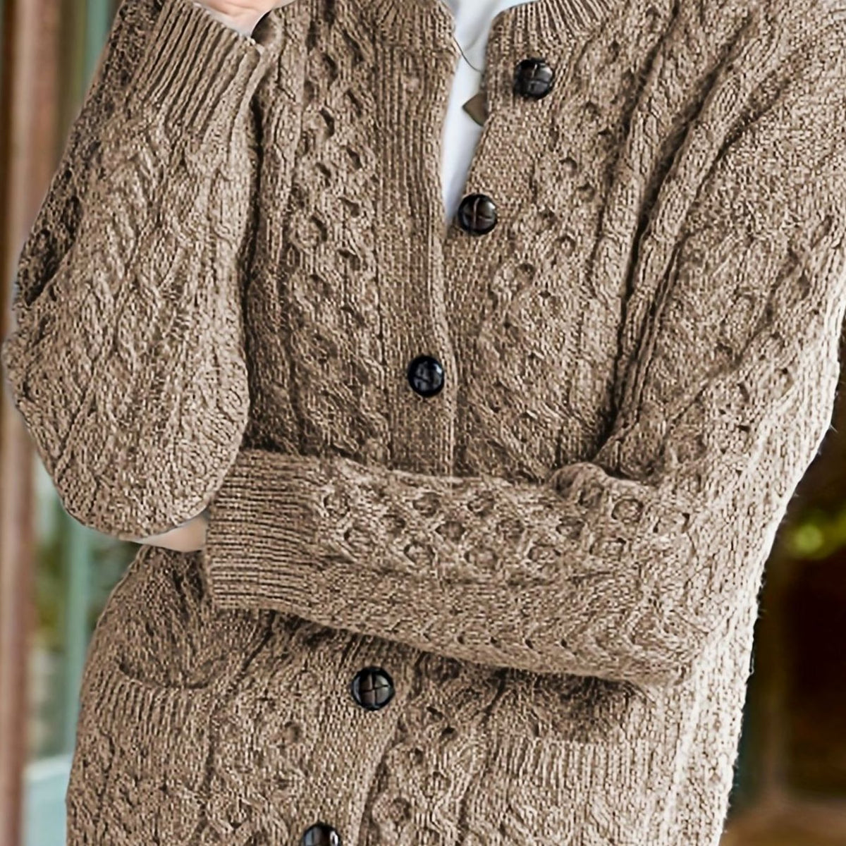 Cozy Chunky Cable Knit Cardigan for Women with Round Neck Long Sleeve Button Front Relaxed Style