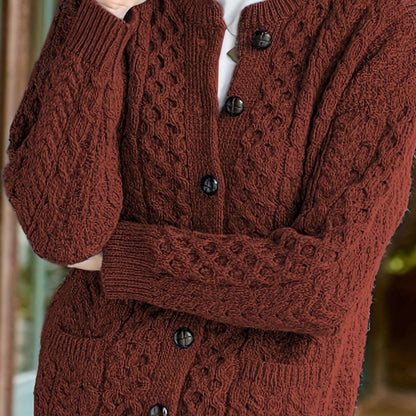 Cozy Chunky Cable Knit Cardigan for Women with Round Neck Long Sleeve Button Front Relaxed Style