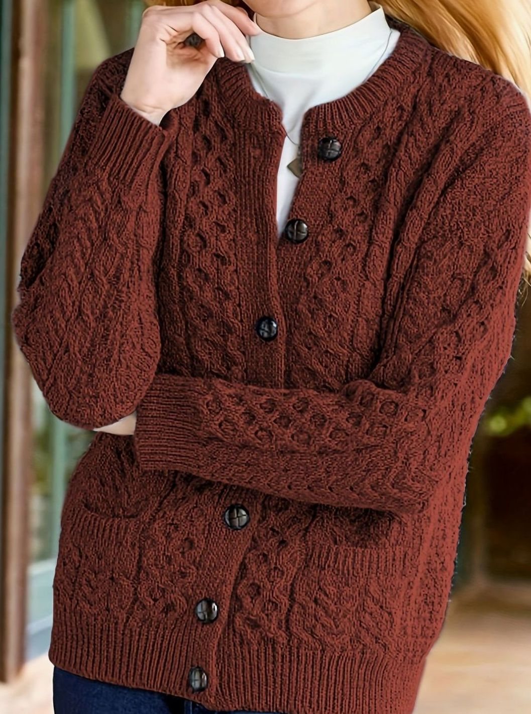 Cozy Chunky Cable Knit Cardigan for Women with Round Neck Long Sleeve Button Front Relaxed Style