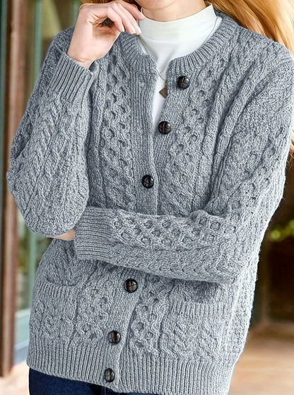 Cozy Chunky Cable Knit Cardigan for Women with Round Neck Long Sleeve Button Front Relaxed Style