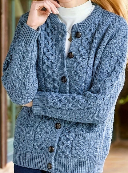 Cozy Chunky Cable Knit Cardigan for Women with Round Neck Long Sleeve Button Front Relaxed Style