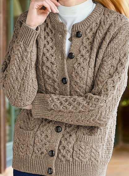 Cozy Chunky Cable Knit Cardigan for Women with Round Neck Long Sleeve Button Front Relaxed Style