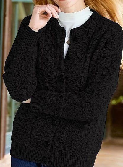 Cozy Chunky Cable Knit Cardigan for Women with Round Neck Long Sleeve Button Front Relaxed Style