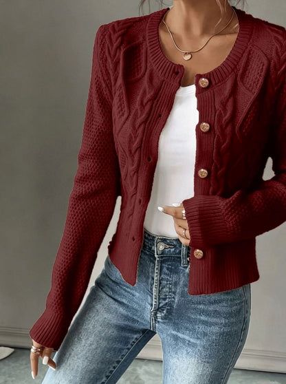 Chic Cropped Cardigan for Women with Round Neck Long Sleeve Cable Knit Gold Button Style
