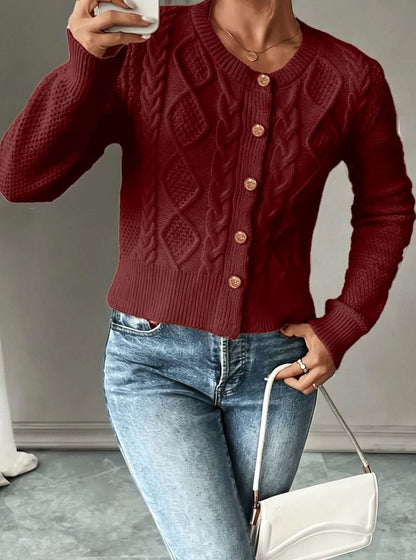Chic Cropped Cardigan for Women with Round Neck Long Sleeve Cable Knit Gold Button Style