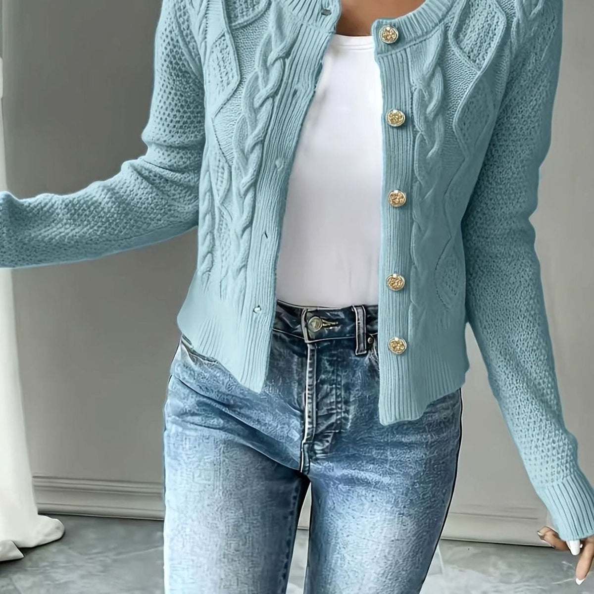 Chic Cropped Cardigan for Women with Round Neck Long Sleeve Cable Knit Gold Button Style