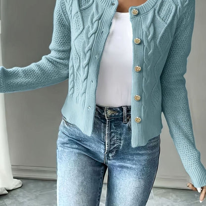 Chic Cropped Cardigan for Women with Round Neck Long Sleeve Cable Knit Gold Button Style