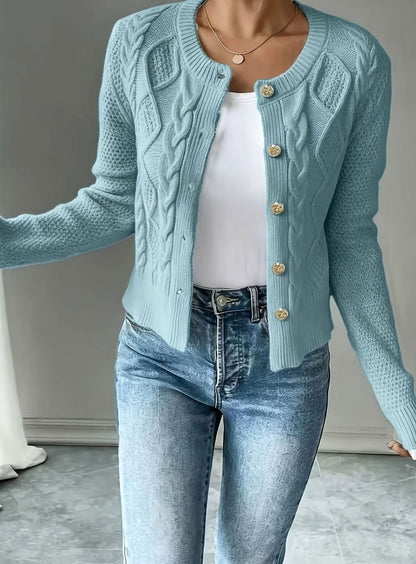 Chic Cropped Cardigan for Women with Round Neck Long Sleeve Cable Knit Gold Button Style