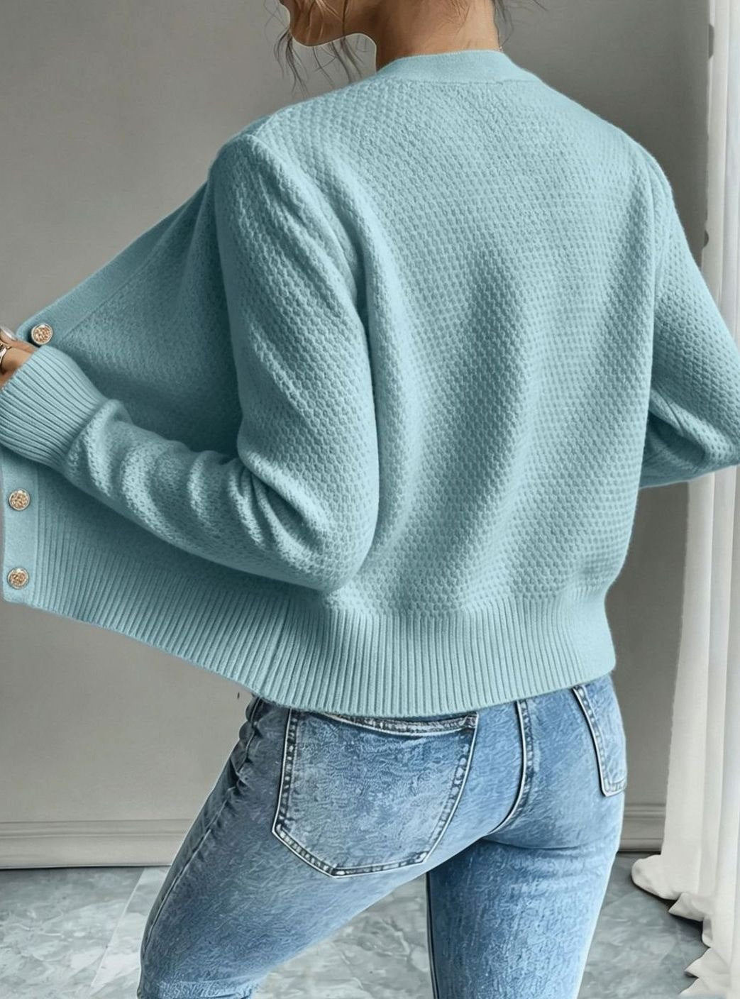 Chic Cropped Cardigan for Women with Round Neck Long Sleeve Cable Knit Gold Button Style