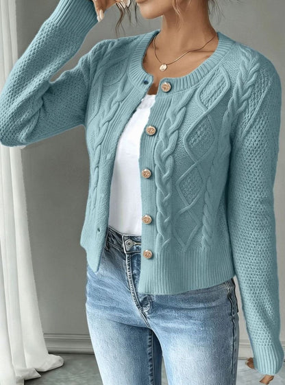 Chic Cropped Cardigan for Women with Round Neck Long Sleeve Cable Knit Gold Button Style