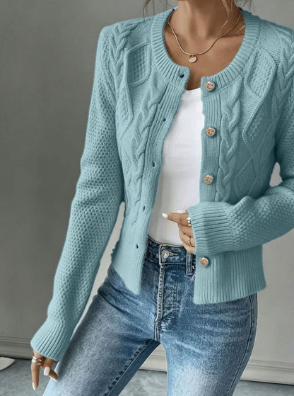 Chic Cropped Cardigan for Women with Round Neck Long Sleeve Cable Knit Gold Button Style